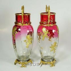 Pair Antique French Gilt Bronze Cranberry Rubina Glass Vases Raised Gold Enamel