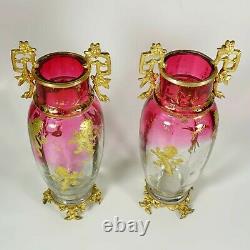 Pair Antique French Gilt Bronze Cranberry Rubina Glass Vases Raised Gold Enamel