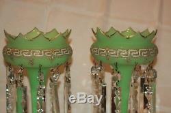 Pair Antique French Green Opaline & Gilt & Cut Glass Mantle Lustres Vases