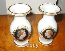 Pair Antique French Miniature Art Glass Portrait Vases