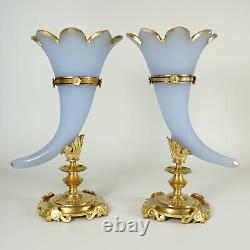 Pair Antique French Opaline Glass Cornucopia Horn Vases Dore Bronze Mounts