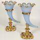 Pair Antique French Opaline Glass Cornucopia Horn Vases Dore Bronze Mounts