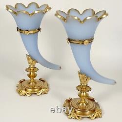 Pair Antique French Opaline Glass Cornucopia Horn Vases Dore Bronze Mounts