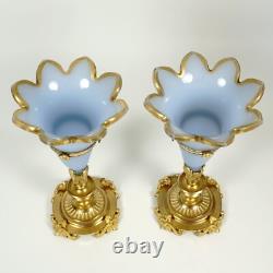 Pair Antique French Opaline Glass Cornucopia Horn Vases Dore Bronze Mounts