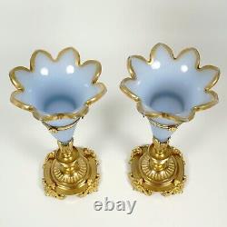 Pair Antique French Opaline Glass Cornucopia Horn Vases Dore Bronze Mounts