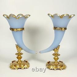 Pair Antique French Opaline Glass Cornucopia Horn Vases Dore Bronze Mounts
