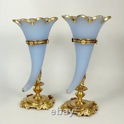 Pair Antique French Opaline Glass Cornucopia Horn Vases Dore Bronze Mounts