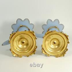 Pair Antique French Opaline Glass Cornucopia Horn Vases Dore Bronze Mounts