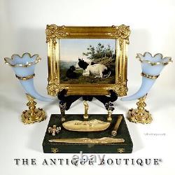 Pair Antique French Opaline Glass Cornucopia Horn Vases Dore Bronze Mounts