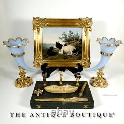 Pair Antique French Opaline Glass Cornucopia Horn Vases Dore Bronze Mounts