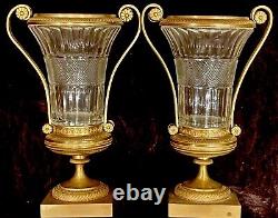 Pair Antique French Ormolu Bronze Baccarat Crystal Glass Urns Vases Garnitures