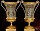 Pair Antique French Ormolu Bronze Baccarat Crystal Glass Urns Vases Garnitures