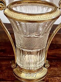 Pair Antique French Ormolu Bronze Baccarat Crystal Glass Urns Vases Garnitures