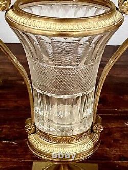 Pair Antique French Ormolu Bronze Baccarat Crystal Glass Urns Vases Garnitures