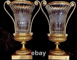 Pair Antique French Ormolu Bronze Baccarat Crystal Glass Urns Vases Garnitures