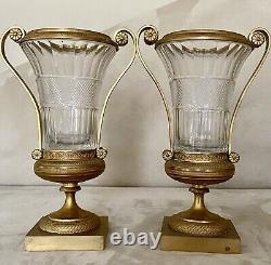 Pair Antique French Ormolu Bronze Baccarat Crystal Glass Urns Vases Garnitures