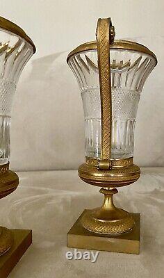 Pair Antique French Ormolu Bronze Baccarat Crystal Glass Urns Vases Garnitures