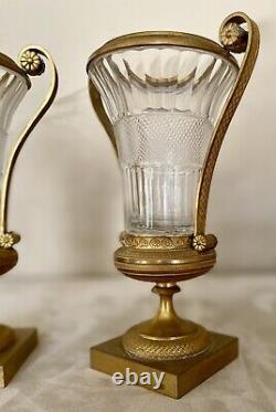 Pair Antique French Ormolu Bronze Baccarat Crystal Glass Urns Vases Garnitures