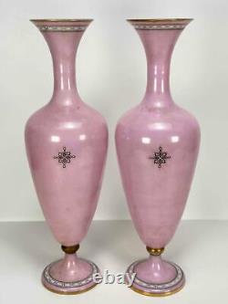 Pair Antique French Victorian Pink Painted Enameled Glass Portrait Vases Urns