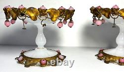 Pair Antique French White Opaline Glass Pedestal Bowls Pink Opaline Bobbles