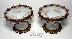 Pair Antique French White Opaline Glass Pedestal Bowls Pink Opaline Bobbles