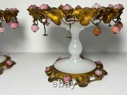 Pair Antique French White Opaline Glass Pedestal Bowls Pink Opaline Bobbles