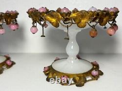 Pair Antique French White Opaline Glass Pedestal Bowls Pink Opaline Bobbles