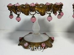 Pair Antique French White Opaline Glass Pedestal Bowls Pink Opaline Bobbles