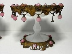 Pair Antique French White Opaline Glass Pedestal Bowls Pink Opaline Bobbles