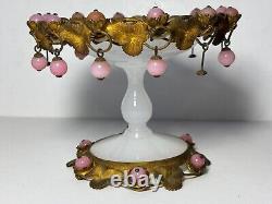 Pair Antique French White Opaline Glass Pedestal Bowls Pink Opaline Bobbles