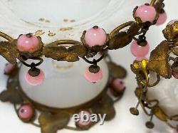 Pair Antique French White Opaline Glass Pedestal Bowls Pink Opaline Bobbles