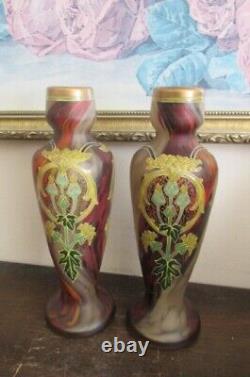 Pair Antique Mont Joye Legras France Enamel Glass Vases Flowers Red Gold 8.25