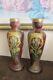 Pair Antique Mont Joye Legras France Enamel Glass Vases Flowers Red Gold 8.25