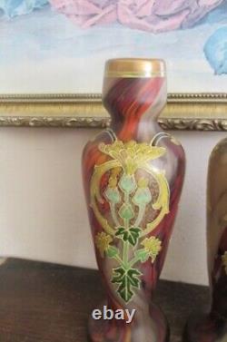 Pair Antique Mont Joye Legras France Enamel Glass Vases Flowers Red Gold 8.25