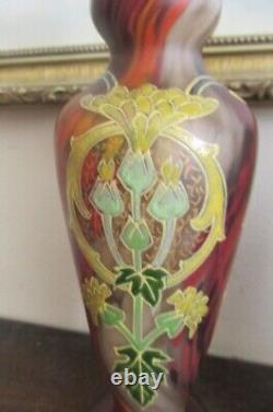 Pair Antique Mont Joye Legras France Enamel Glass Vases Flowers Red Gold 8.25