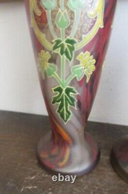 Pair Antique Mont Joye Legras France Enamel Glass Vases Flowers Red Gold 8.25