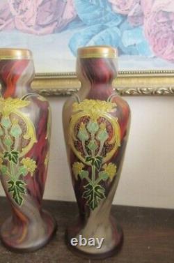 Pair Antique Mont Joye Legras France Enamel Glass Vases Flowers Red Gold 8.25