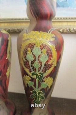 Pair Antique Mont Joye Legras France Enamel Glass Vases Flowers Red Gold 8.25