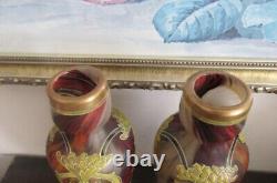Pair Antique Mont Joye Legras France Enamel Glass Vases Flowers Red Gold 8.25