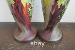 Pair Antique Mont Joye Legras France Enamel Glass Vases Flowers Red Gold 8.25
