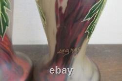 Pair Antique Mont Joye Legras France Enamel Glass Vases Flowers Red Gold 8.25