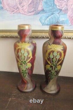 Pair Antique Mont Joye Legras France Enamel Glass Vases Flowers Red Gold 8.25