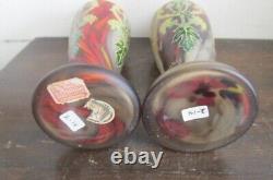 Pair Antique Mont Joye Legras France Enamel Glass Vases Flowers Red Gold 8.25