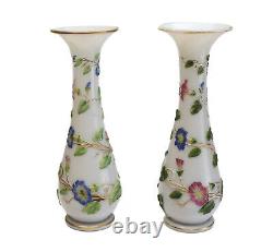Pair Baccarat French Opaline Enamel Hand Painted Glass Vases, circa 1900