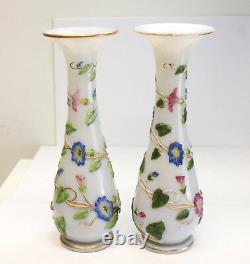 Pair Baccarat French Opaline Enamel Hand Painted Glass Vases, circa 1900