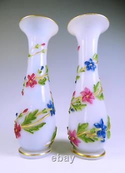 Pair Baccarat Opaline Polychrome Flower Vases