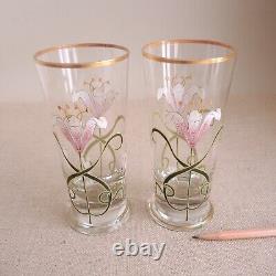 Pair Enamel Glass Lily Vase Legras Fritz Heckert Jugendstil Art Nouveau French