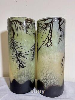 Pair FRENCH CAMEO GLASS VASE ACID ETCHED ART NOUVEAU 14 GALLE STYLE