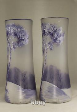 Pair Fine Vintage 9 Frosted Art Glass Vases w Enamel Winter Scene French