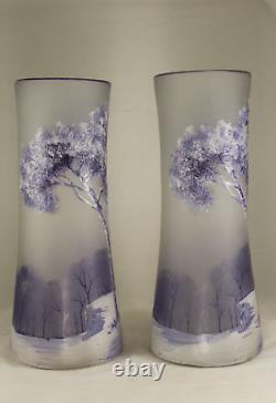 Pair Fine Vintage 9 Frosted Art Glass Vases w Enamel Winter Scene French
